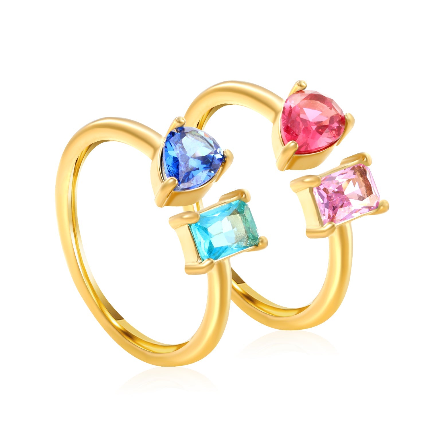 18K Gold - Plated Double Ring with Multi - Color Gemstones asonjewelry
